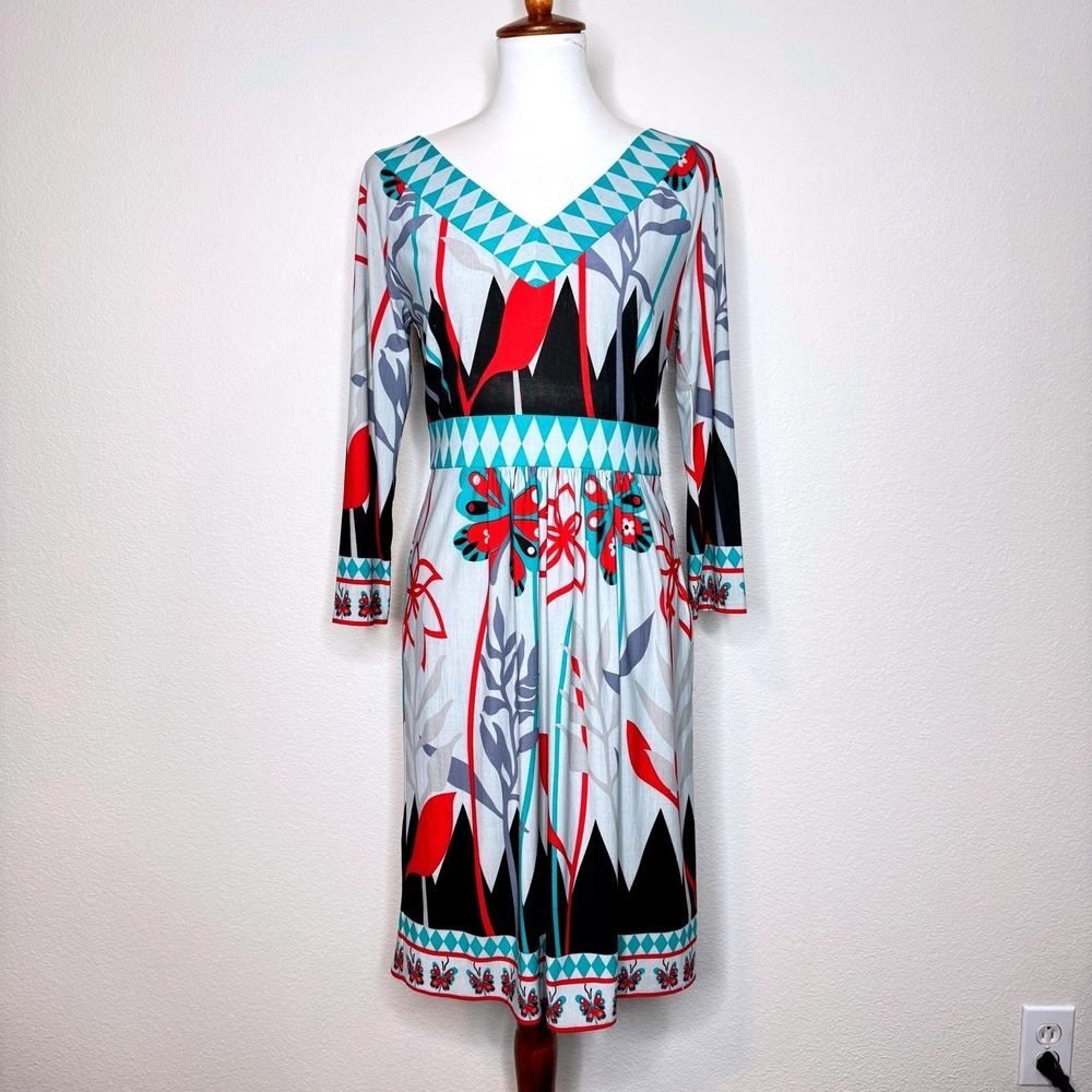 DIANE von FURSTENBERG DVF Silk Blend Shift Dress 6 Floral w. Butterfly Border